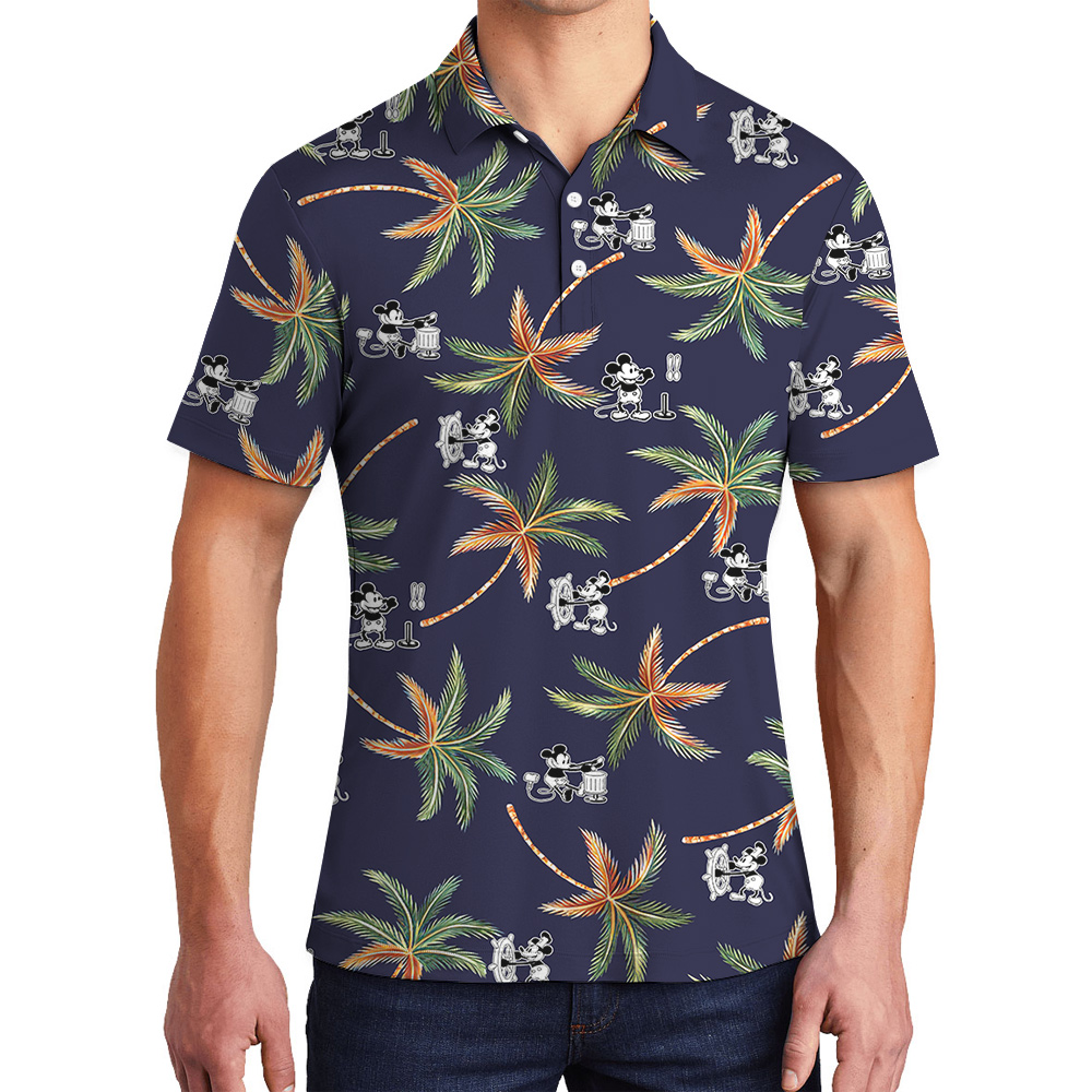 Cute Steamboat Willie Mickey Tropical Navy Hawaiian Polo Shirt - variant image 1