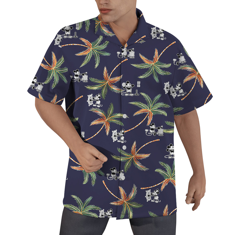 Steamboat Willie Mickey Tropical Palm Trees Navy Hawaiian Shirt - variant image 1