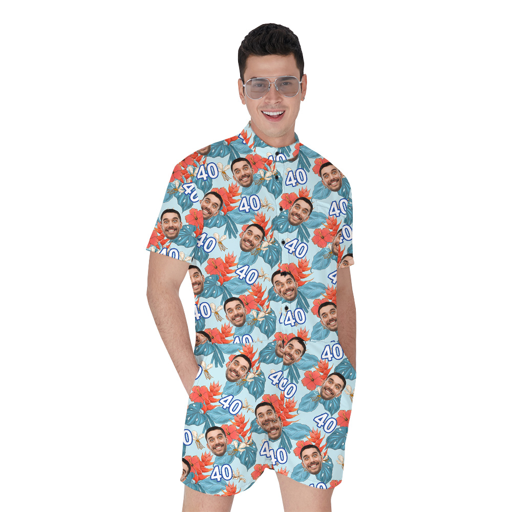 Custom Face and Age Funny Blue Birthday Hawaiian Romper for Men - variant image 1