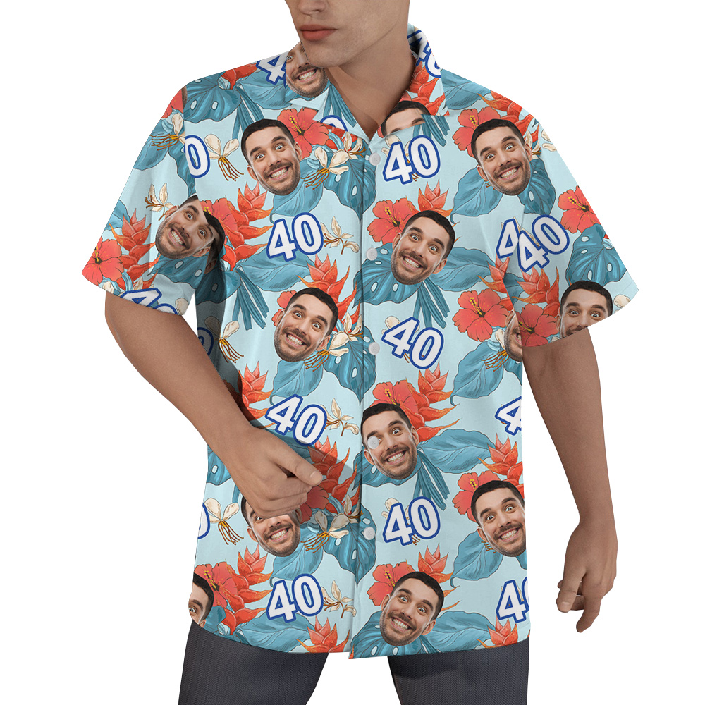 Funny Blue Birthday Aloha Shirt for Men with Face and Age Custom - variant image 1