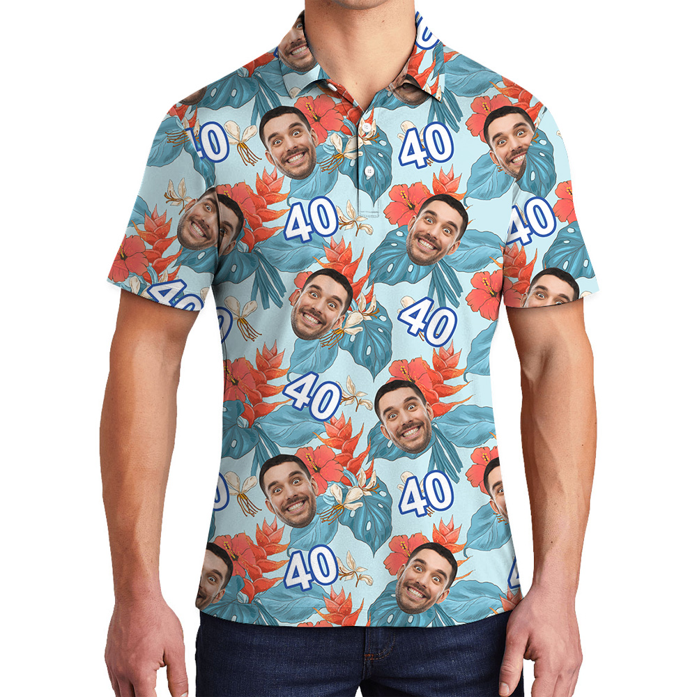 Funny Blue Birthday Aloha Polo Shirt for Men with Face and Age Custom - variant image 1