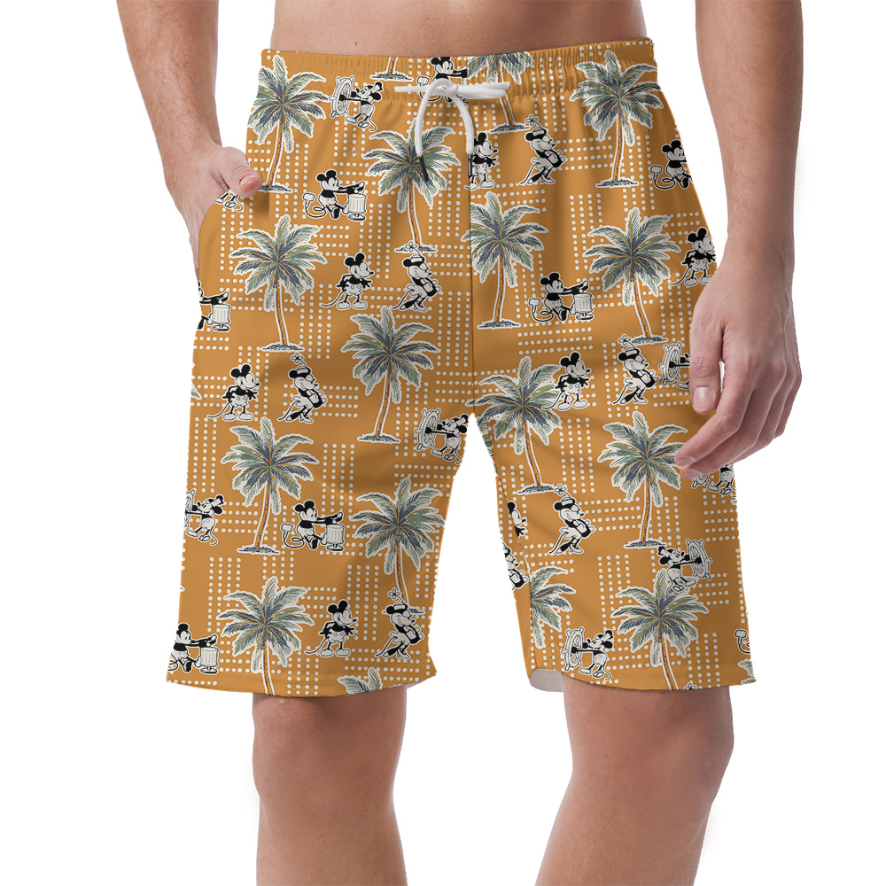 Cute Mickey Steamboat Willie Tropical Palm Trees Yellow Hawaiian Beach Shorts For Men - variant image 1