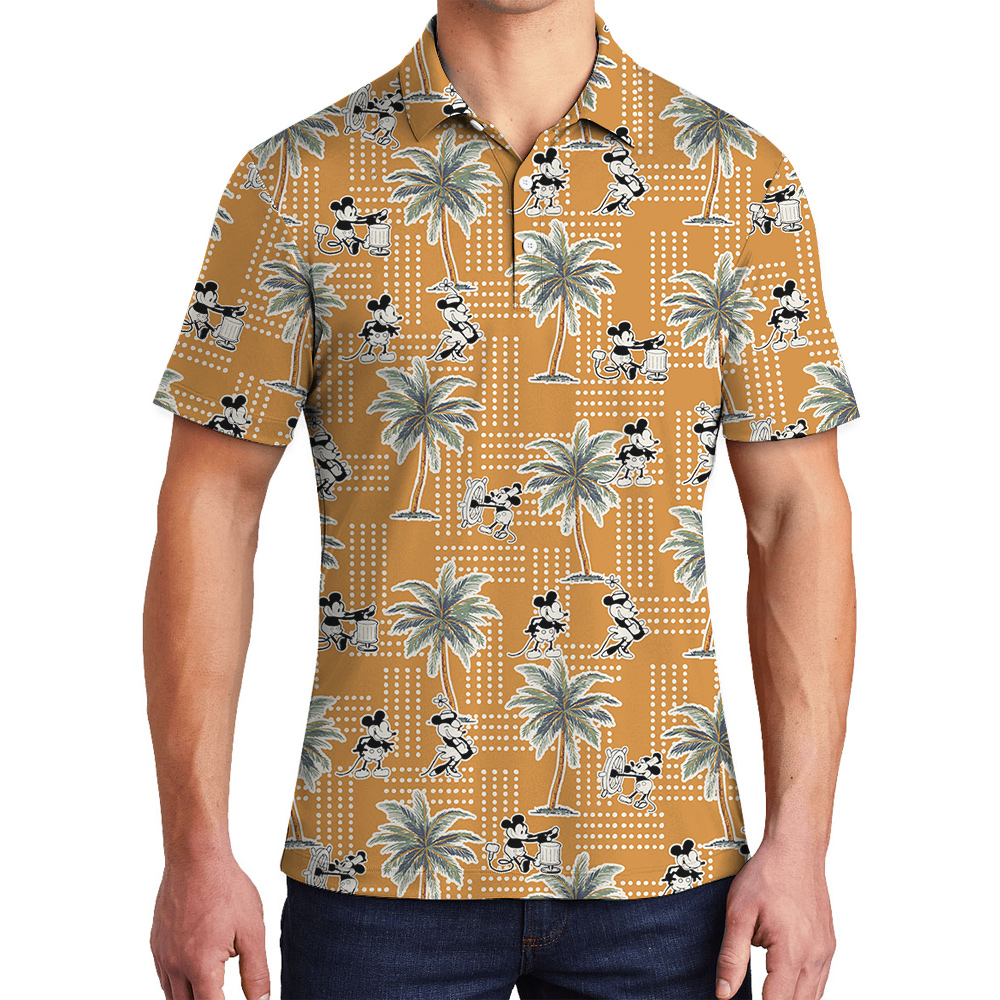 Funny Mickey Mouse Tropical Palm Trees Yellow Hawaiian Polo Shirt - variant image 1