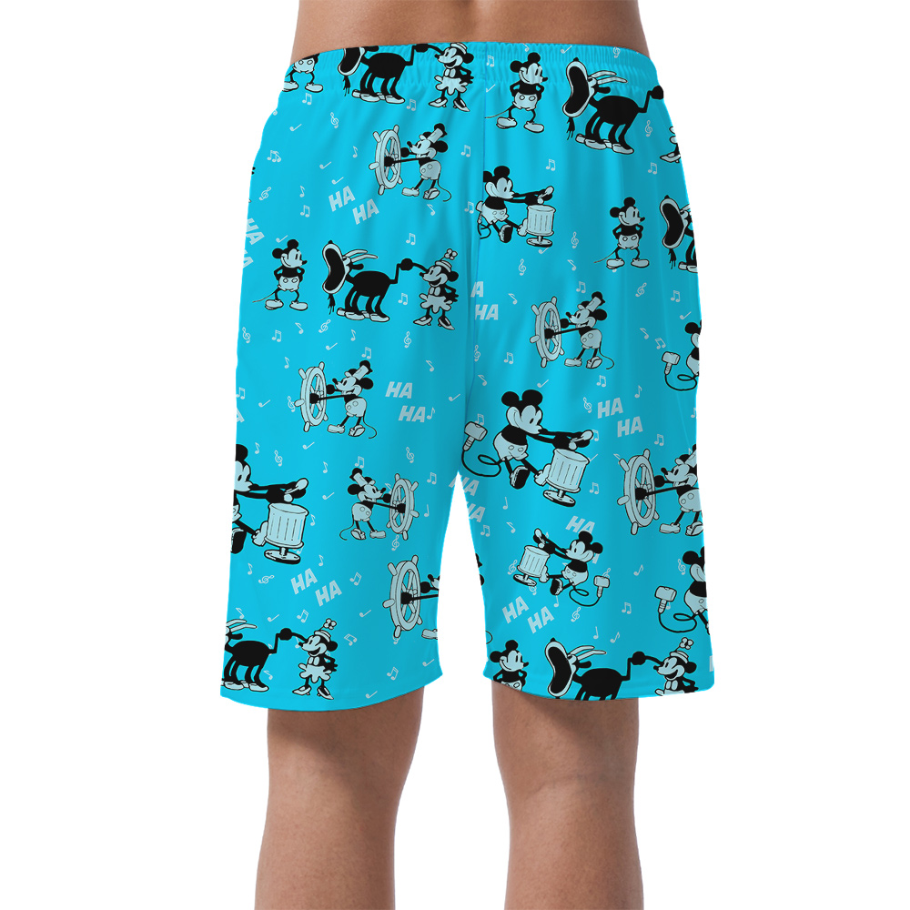 Cute Mickey Steamboat Willie Classic Blue Hawaiian Summer Shorts For Men