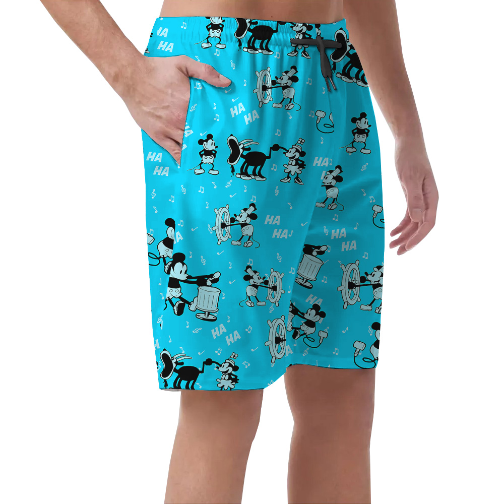 Cute Mickey Steamboat Willie Classic Blue Hawaiian Summer Shorts For Men