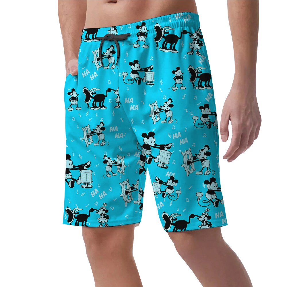 Cute Mickey Steamboat Willie Classic Blue Hawaiian Summer Shorts For Men