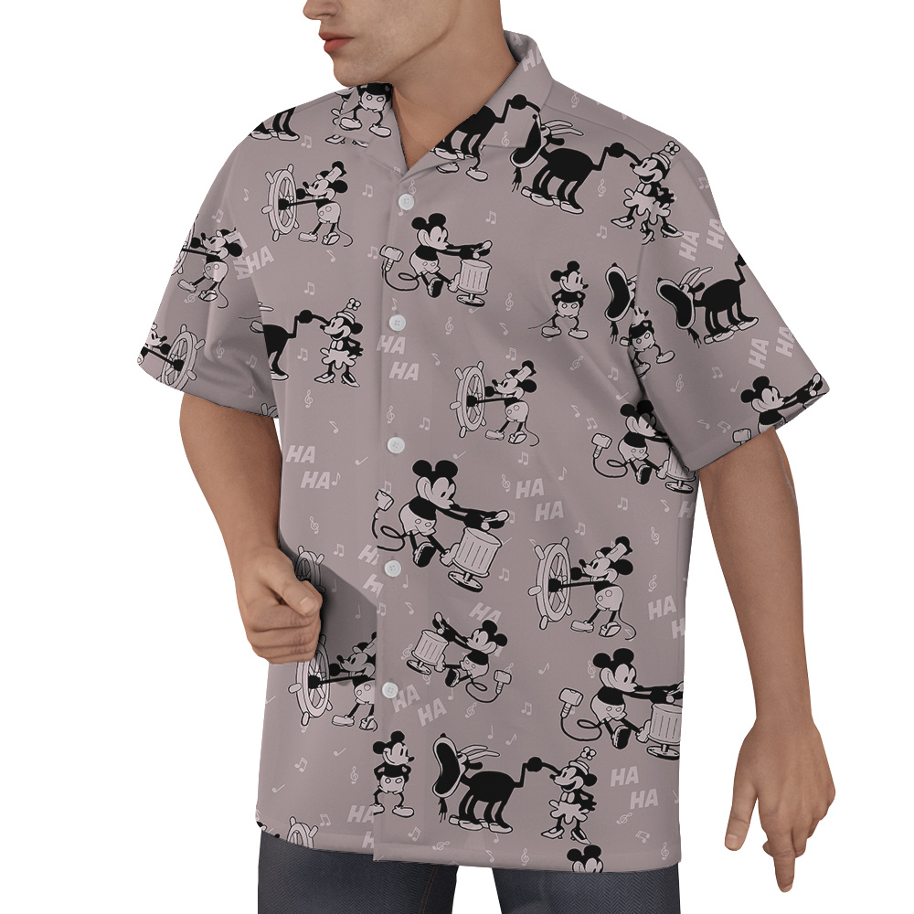 Vintage Steamboat Willie Mickey Pink Hawaiian Button Up Shirt