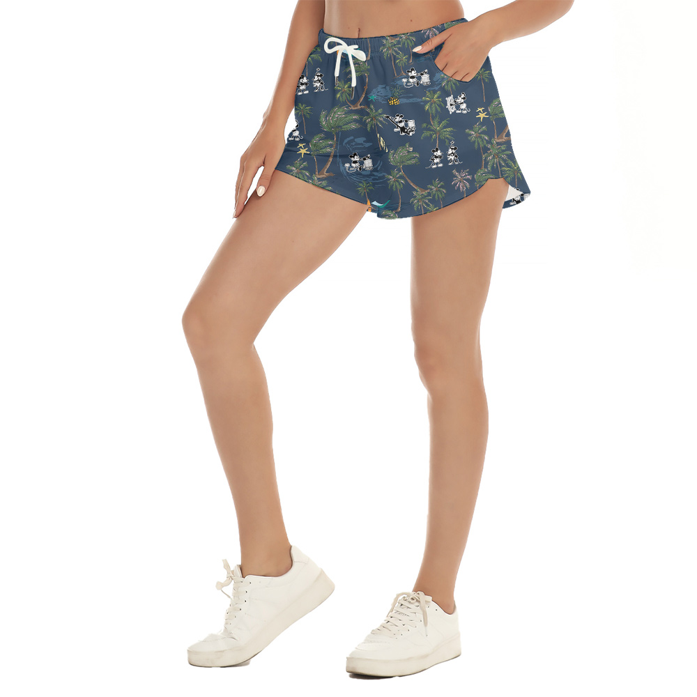 Cute Mickey Steamboat Willie Tropical Palm Tree Summer Beach Shorts For Women