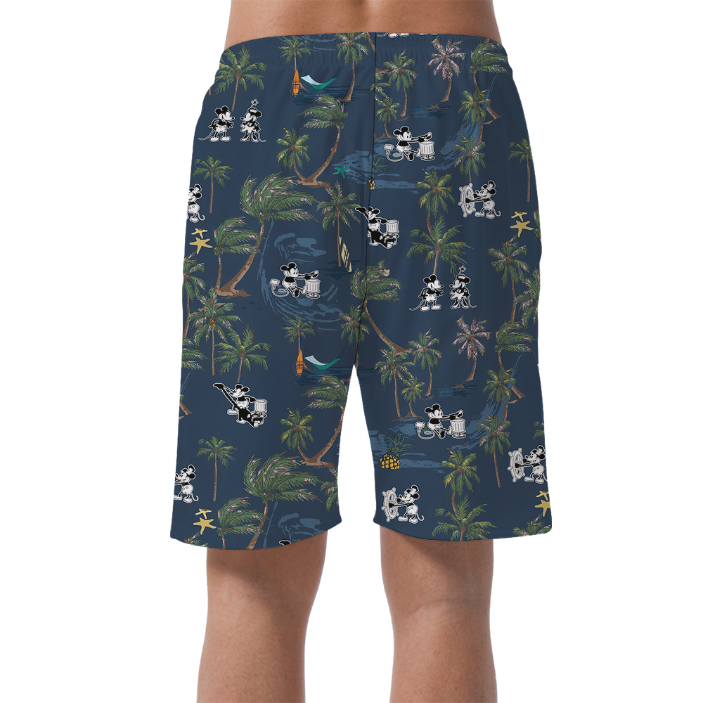 Steamboat Willie Mickey Tropical Palm Trees Navy Hawaiian Beach Shorts