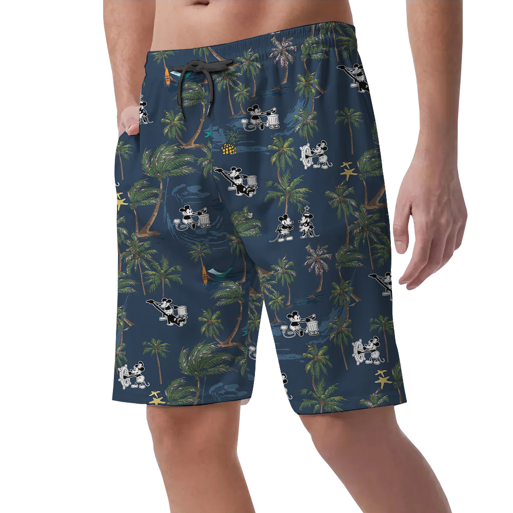 Steamboat Willie Mickey Tropical Palm Trees Navy Hawaiian Beach Shorts