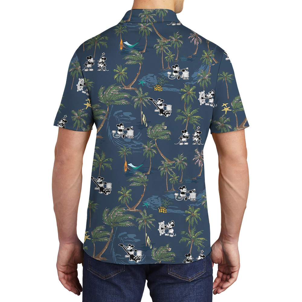 Cute Mickey Steamboat Willie Tropical Palm Trees Navy Hawaiian Polo Shirt
