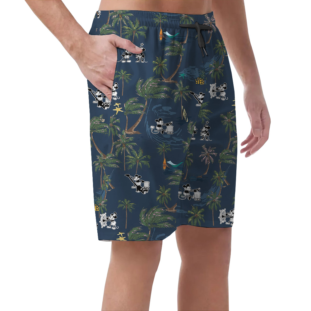 Steamboat Willie Mickey Tropical Palm Trees Navy Hawaiian Beach Shorts