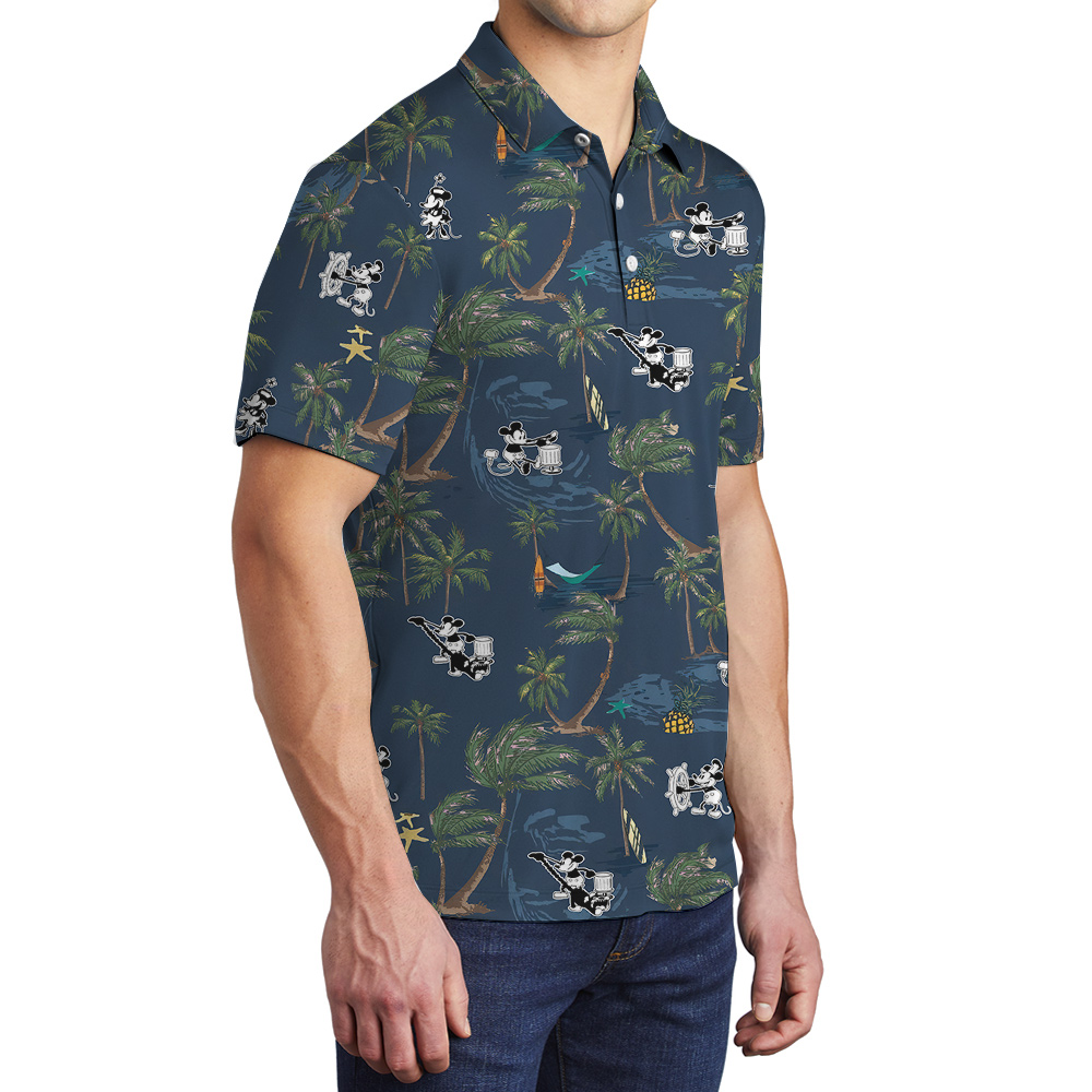 Cute Mickey Steamboat Willie Tropical Palm Trees Navy Hawaiian Polo Shirt