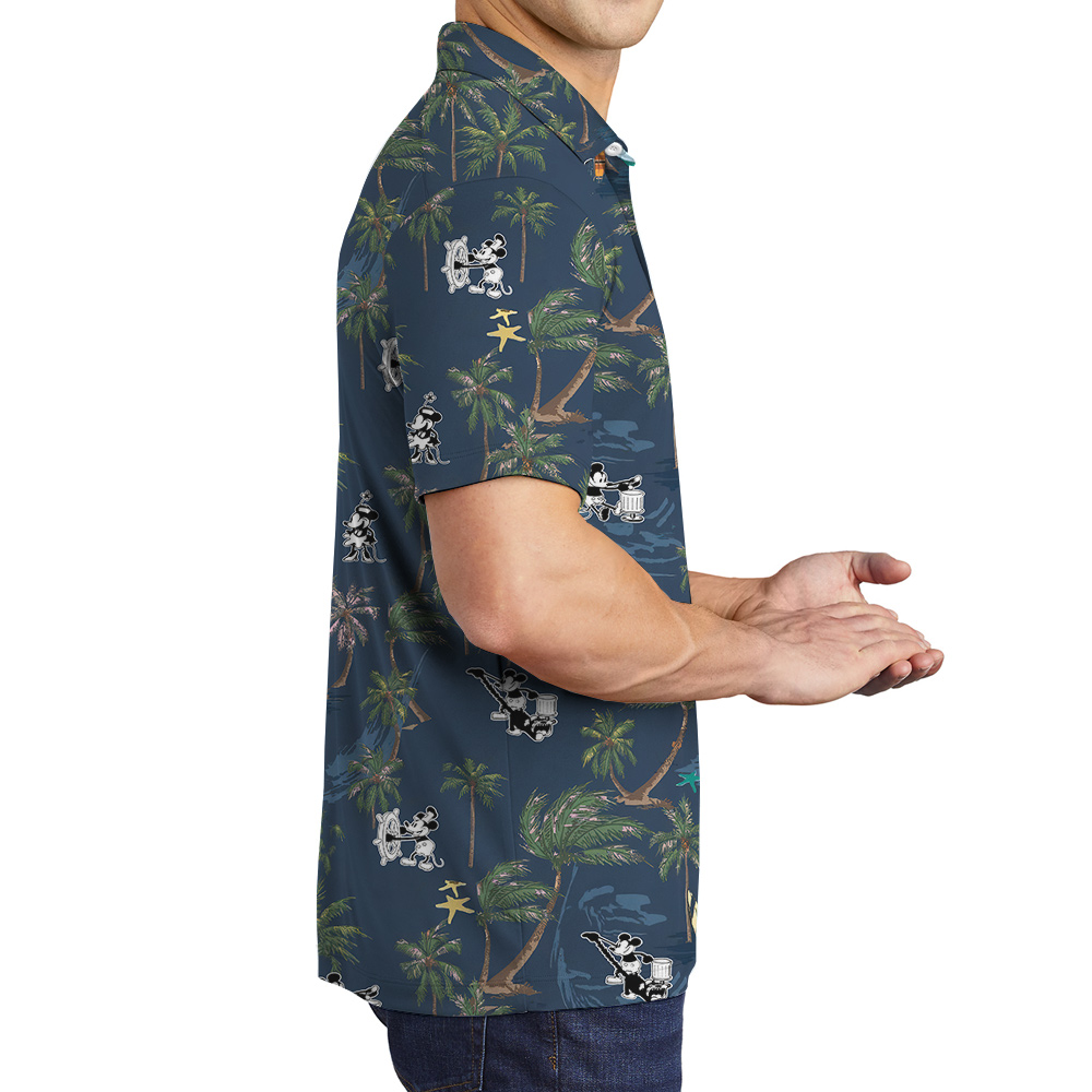 Cute Mickey Steamboat Willie Tropical Palm Trees Navy Hawaiian Polo Shirt