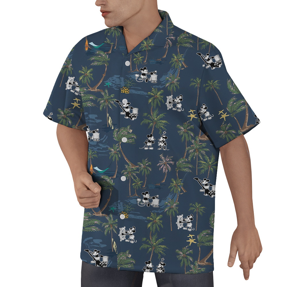 Tropical Palm Trees Steamboat Willie Mickey Navy Hawaiian Button Up Shirt