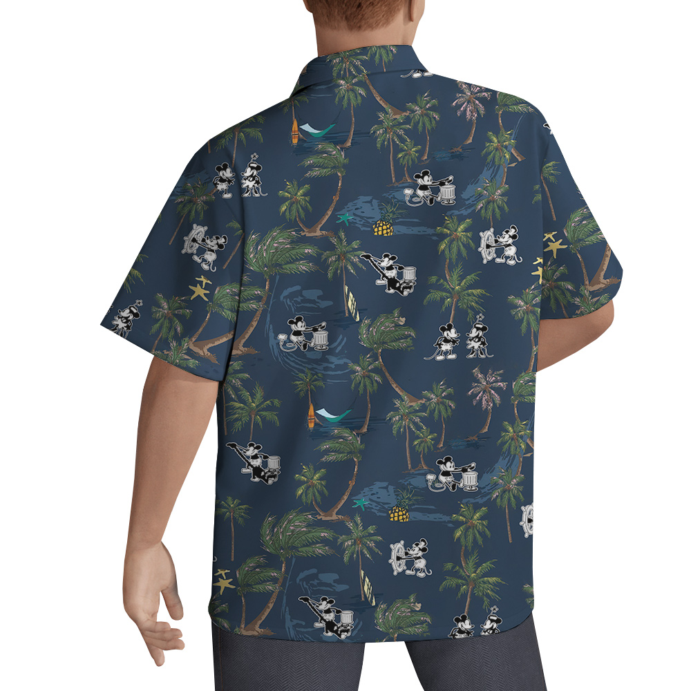 Tropical Palm Trees Steamboat Willie Mickey Navy Hawaiian Button Up Shirt