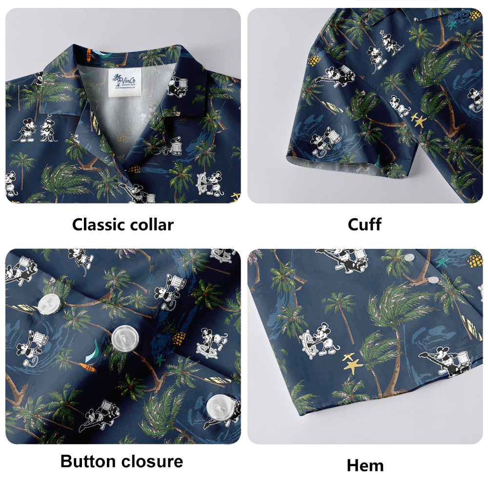 Tropical Palm Trees Steamboat Willie Mickey Navy Hawaiian Button Up Shirt