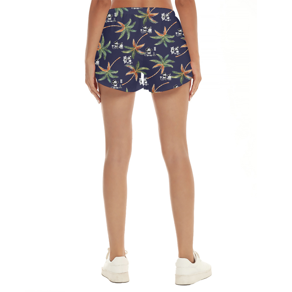 Steamboat Willie Mickey Tropical Palm Tree Navy Hawaiian Beach Shorts For Women