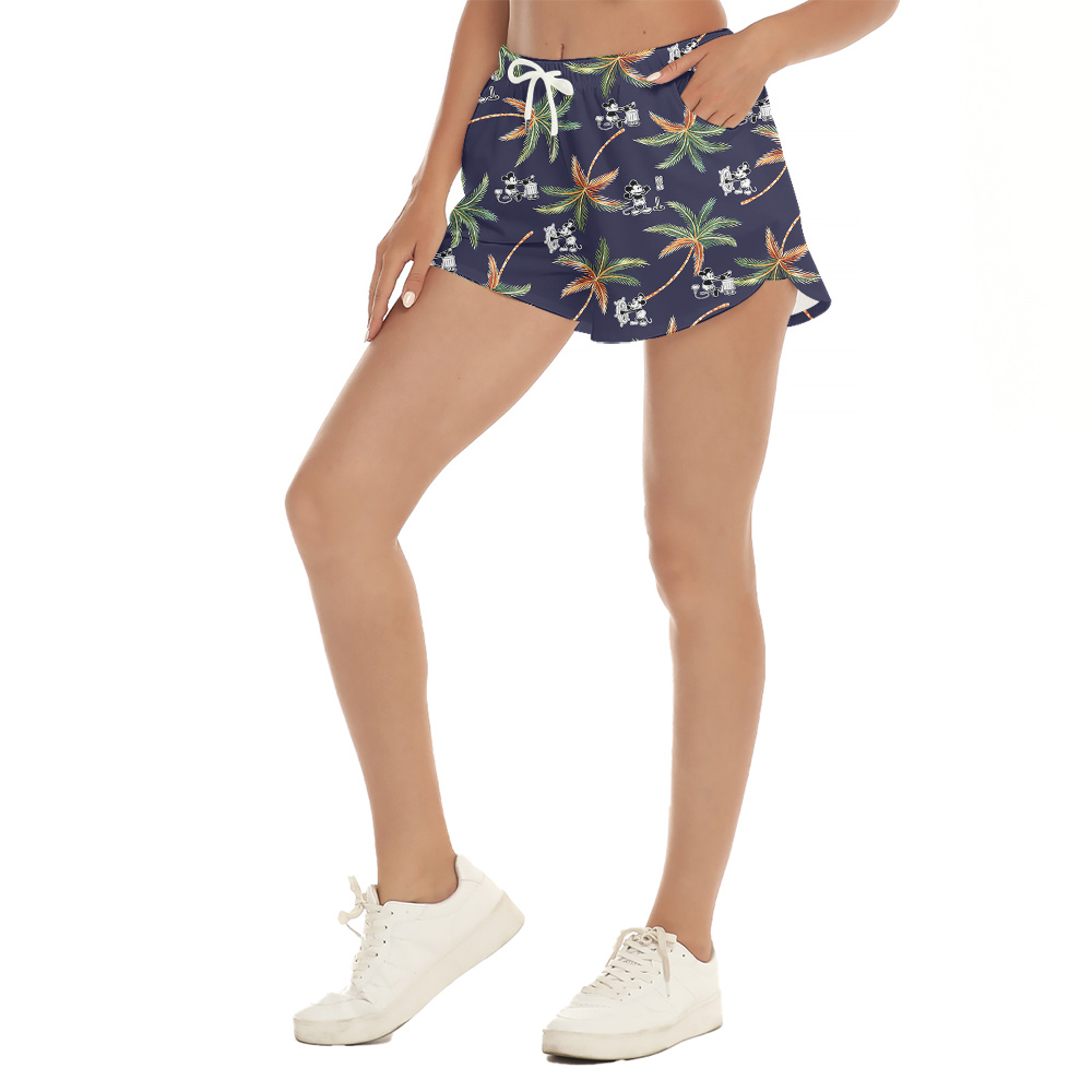 Steamboat Willie Mickey Tropical Palm Tree Navy Hawaiian Beach Shorts For Women