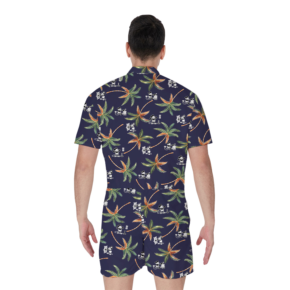 Tropical Palm Tree Steamboat Willie Mickey Navy Hawaiian Romper For Men