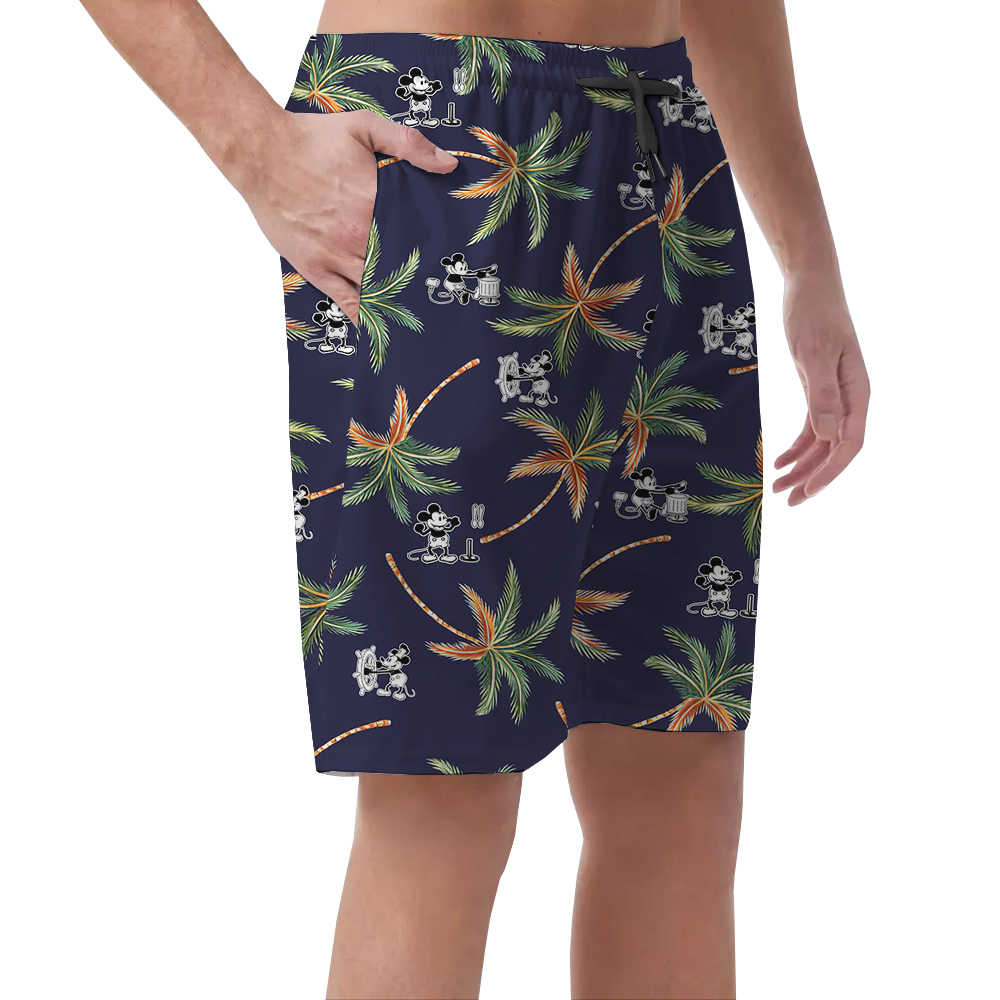 Steamboat Willie Mickey Palm Tree Navy Hawaiian Beach Shorts For Men