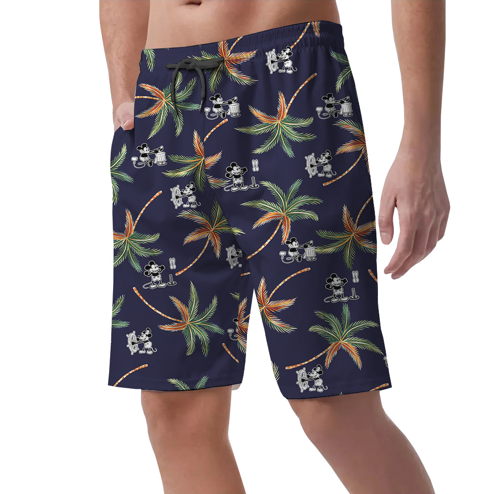 Steamboat Willie Mickey Palm Tree Navy Hawaiian Beach Shorts For Men