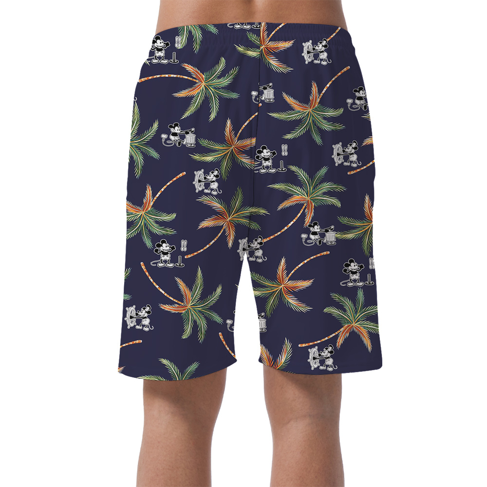 Steamboat Willie Mickey Palm Tree Navy Hawaiian Beach Shorts For Men