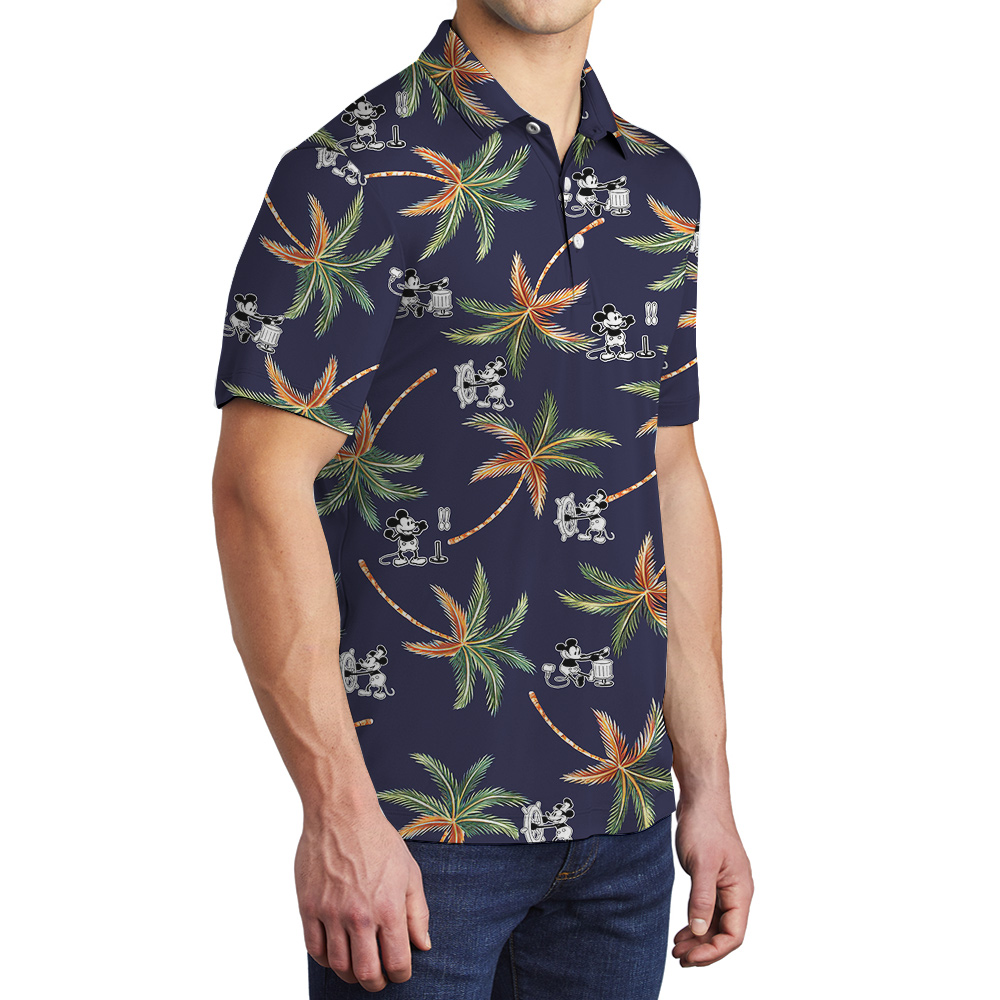 Cute Steamboat Willie Mickey Tropical Navy Hawaiian Polo Shirt