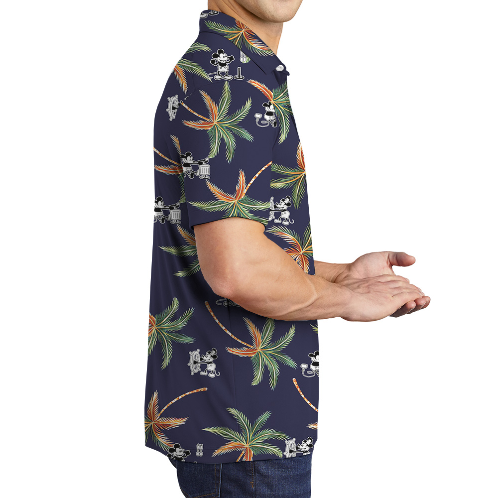 Cute Steamboat Willie Mickey Tropical Navy Hawaiian Polo Shirt