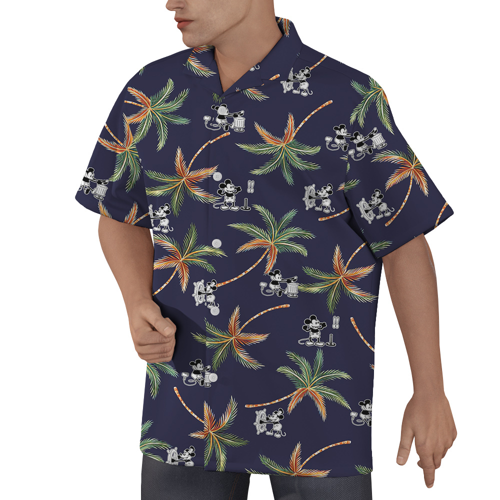 Steamboat Willie Mickey Tropical Palm Trees Navy Hawaiian Shirt