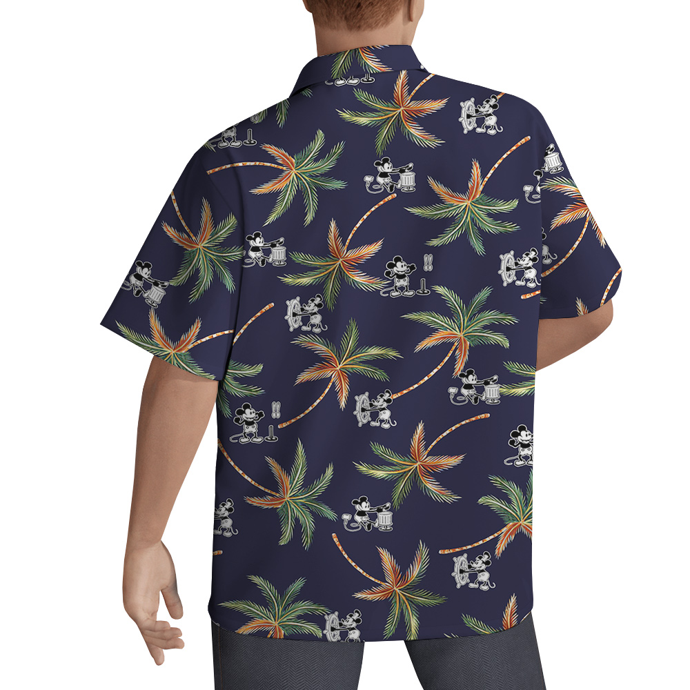 Steamboat Willie Mickey Tropical Palm Trees Navy Hawaiian Shirt