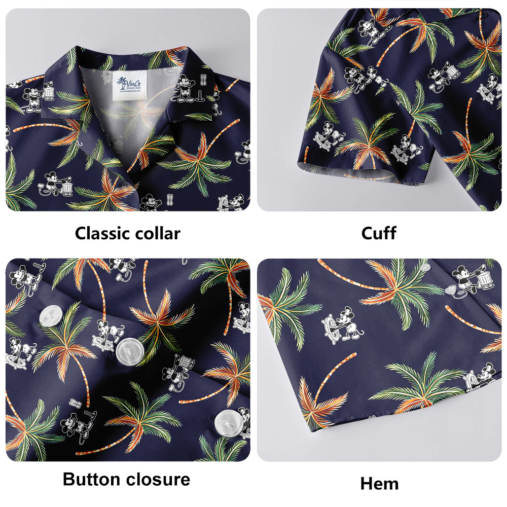 Steamboat Willie Mickey Tropical Palm Trees Navy Hawaiian Shirt