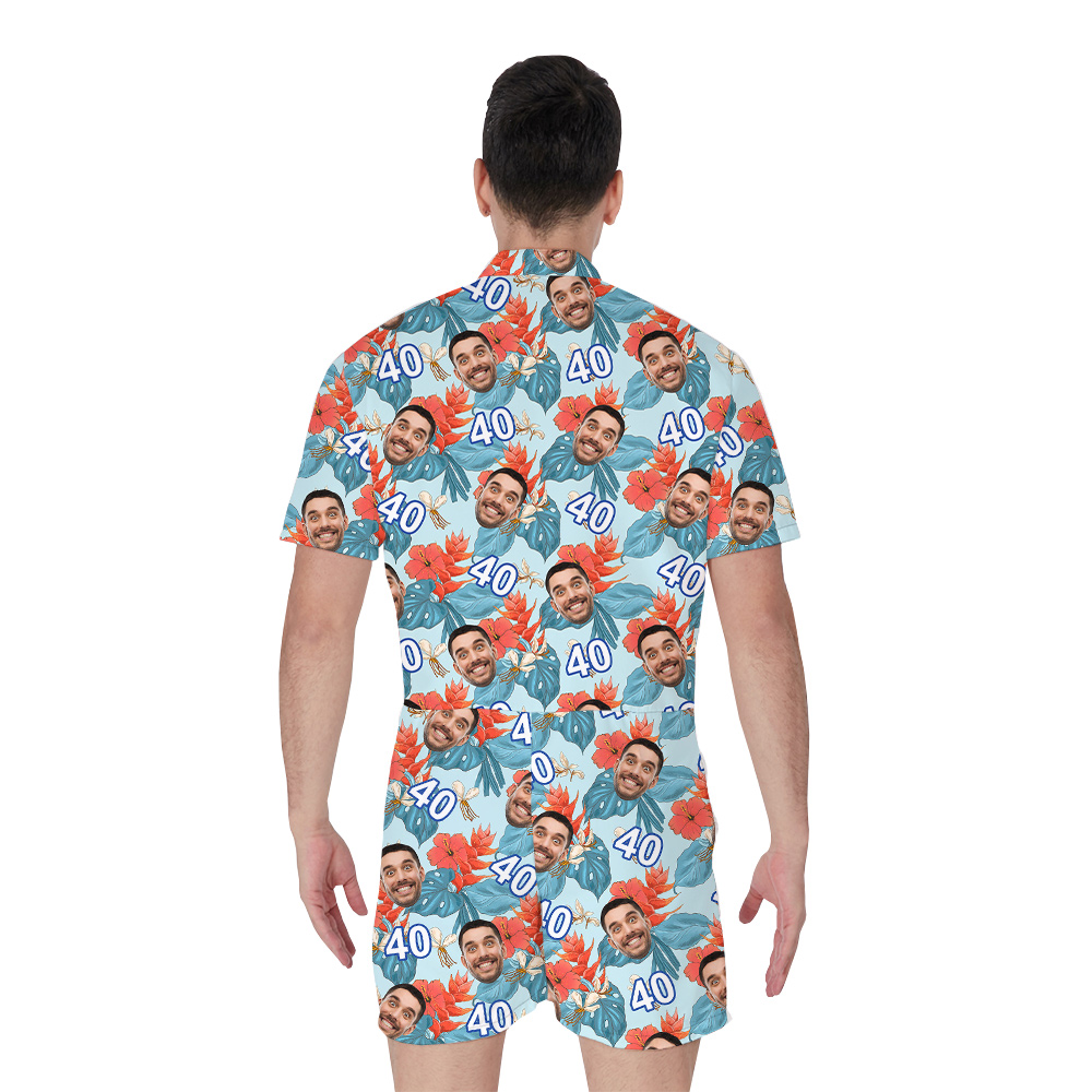 Custom Face and Age Funny Blue Birthday Hawaiian Romper for Men