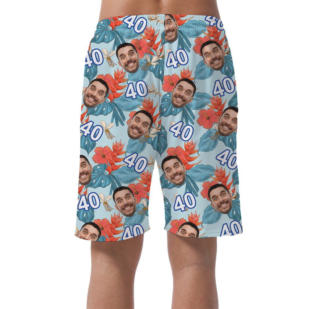 Custom Face and Age Funny Blue Birthday Hawaiian Short for Men