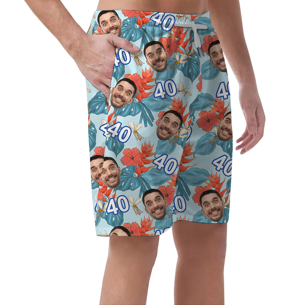Custom Face and Age Funny Blue Birthday Hawaiian Short for Men