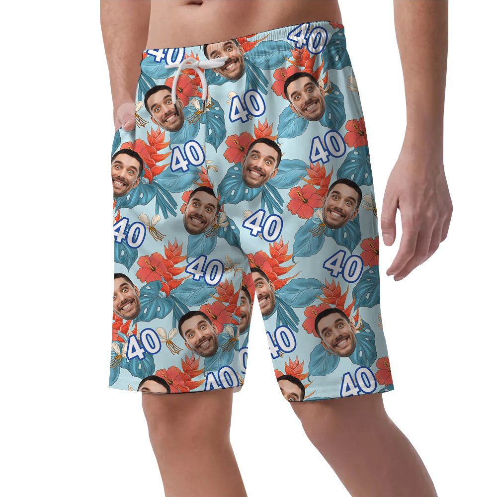 Custom Face and Age Funny Blue Birthday Hawaiian Short for Men