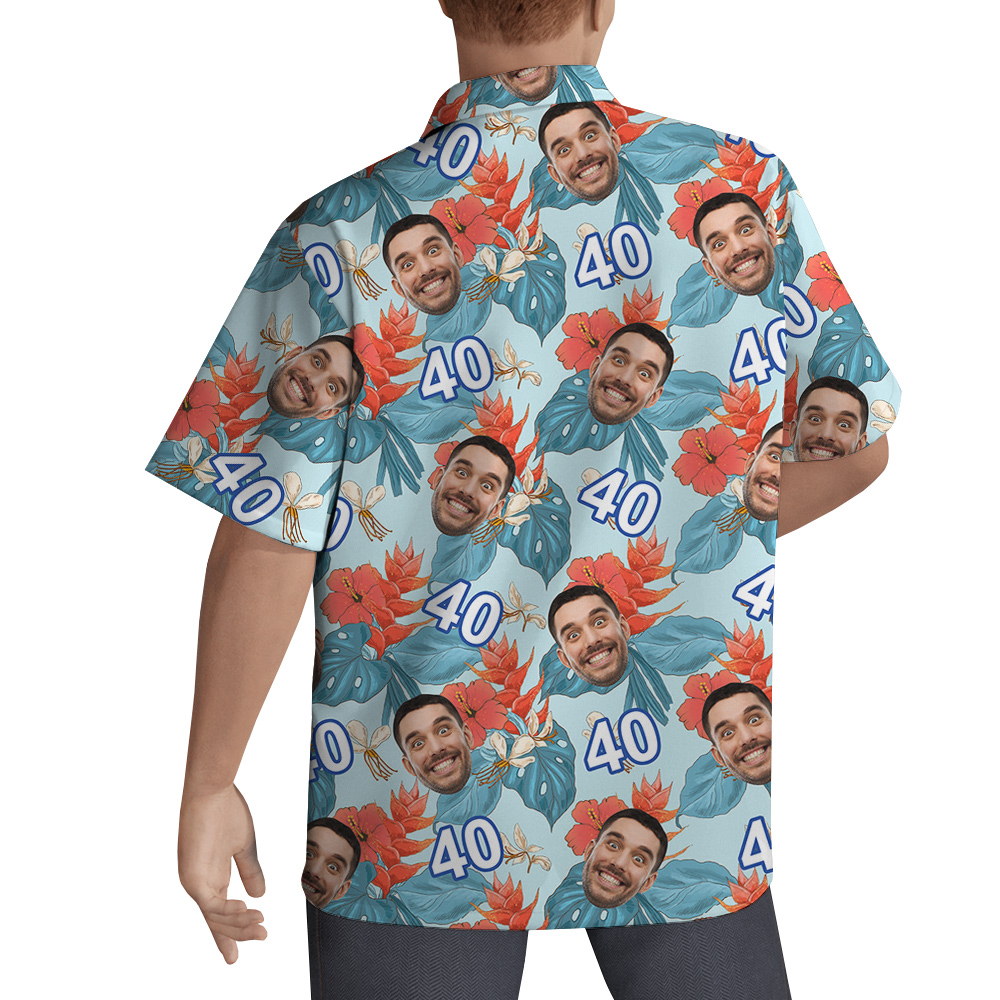 Funny Blue Birthday Aloha Shirt for Men with Face and Age Custom
