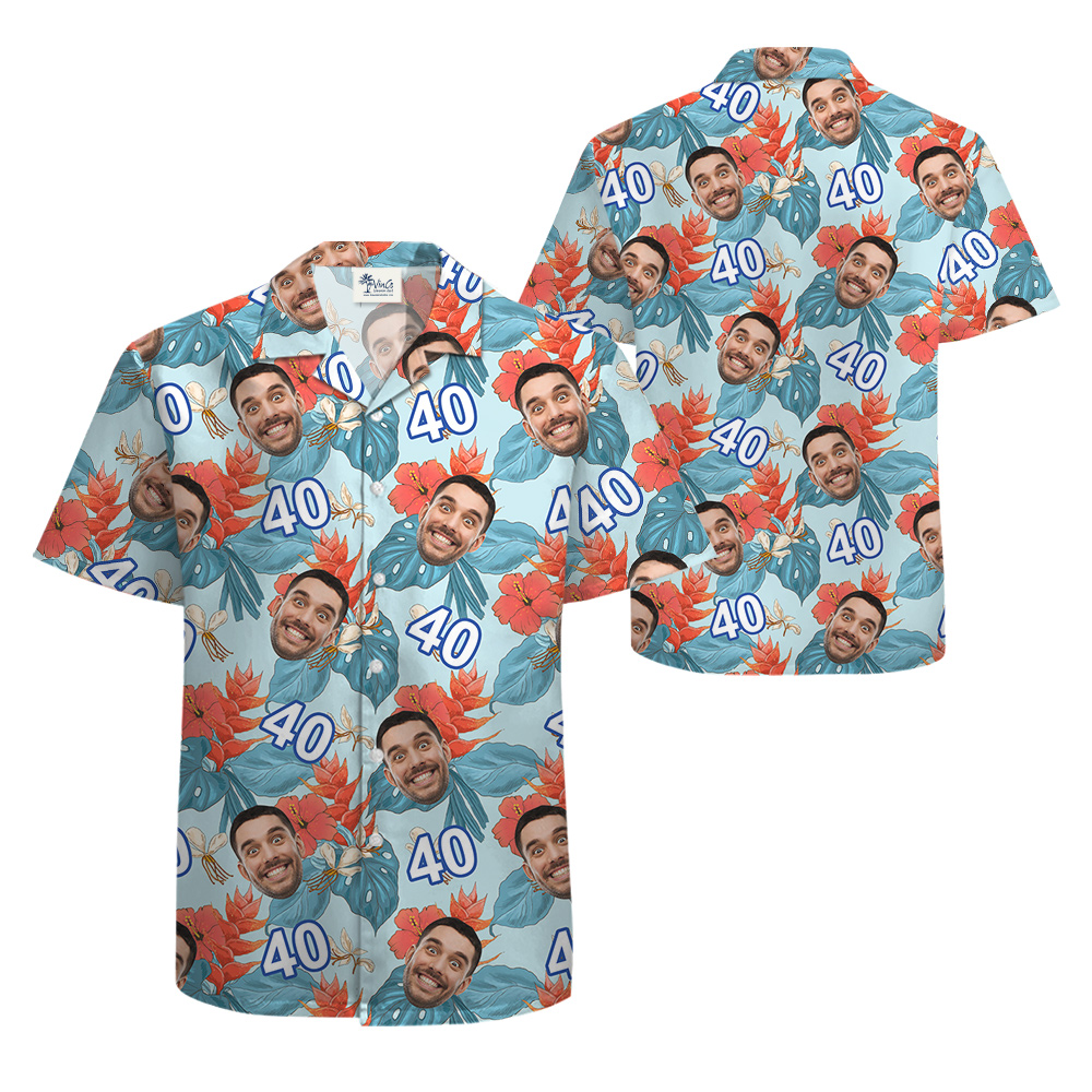 Funny Blue Birthday Aloha Shirt for Men with Face and Age Custom