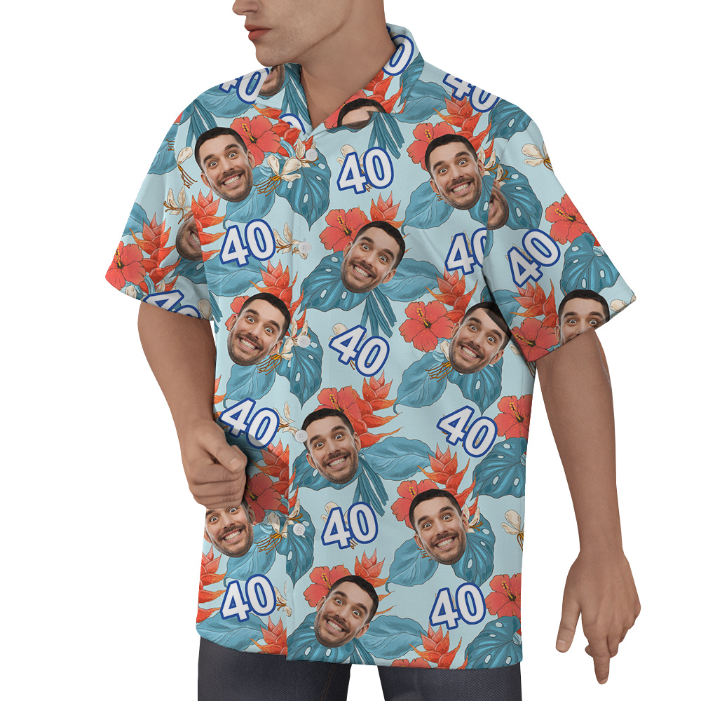 Funny Blue Birthday Aloha Shirt for Men with Face and Age Custom