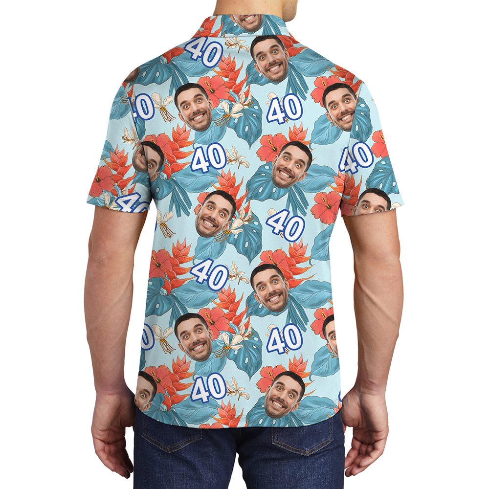 Funny Blue Birthday Aloha Polo Shirt for Men with Face and Age Custom