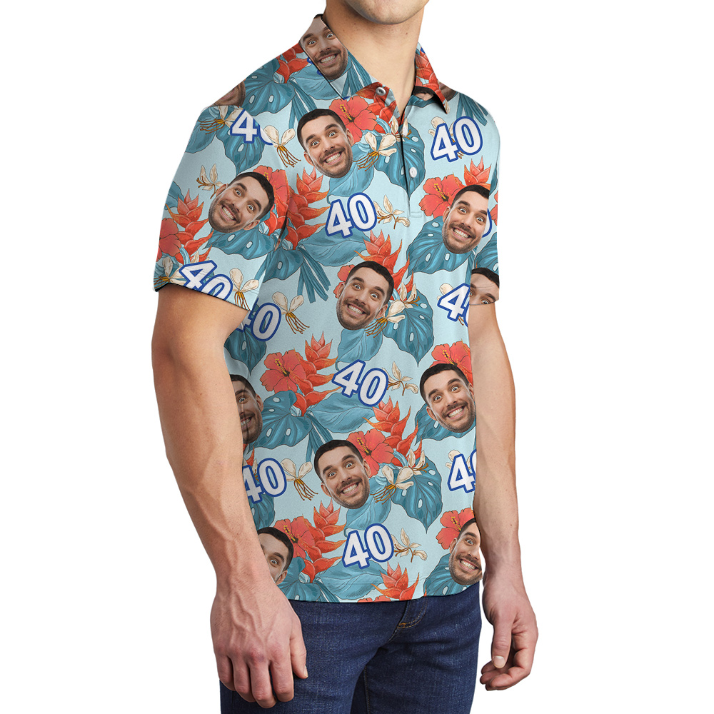 Funny Blue Birthday Aloha Polo Shirt for Men with Face and Age Custom