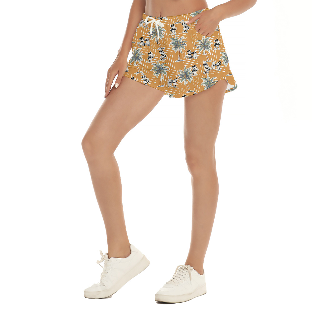 Funny Mickey Steamboat Willie Yellow Vintage Hawaiian Beach Shorts For Women