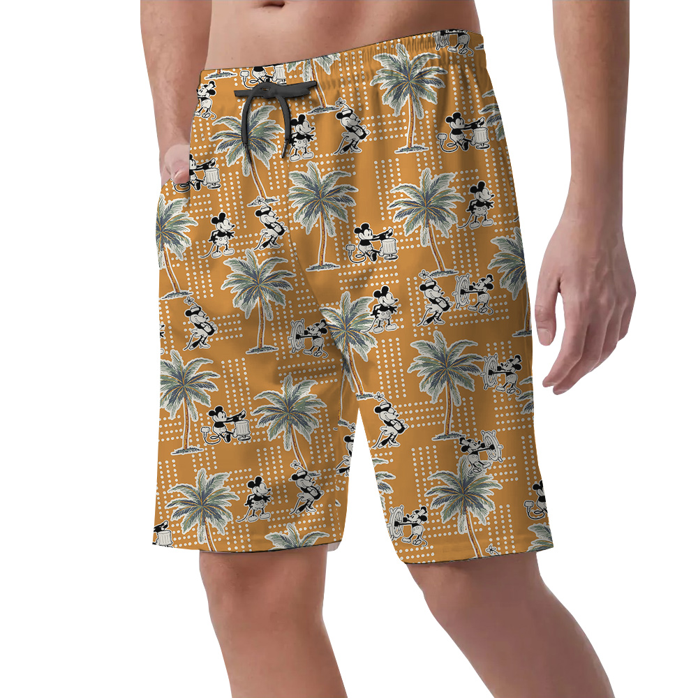 Cute Mickey Steamboat Willie Tropical Palm Trees Yellow Hawaiian Beach Shorts For Men