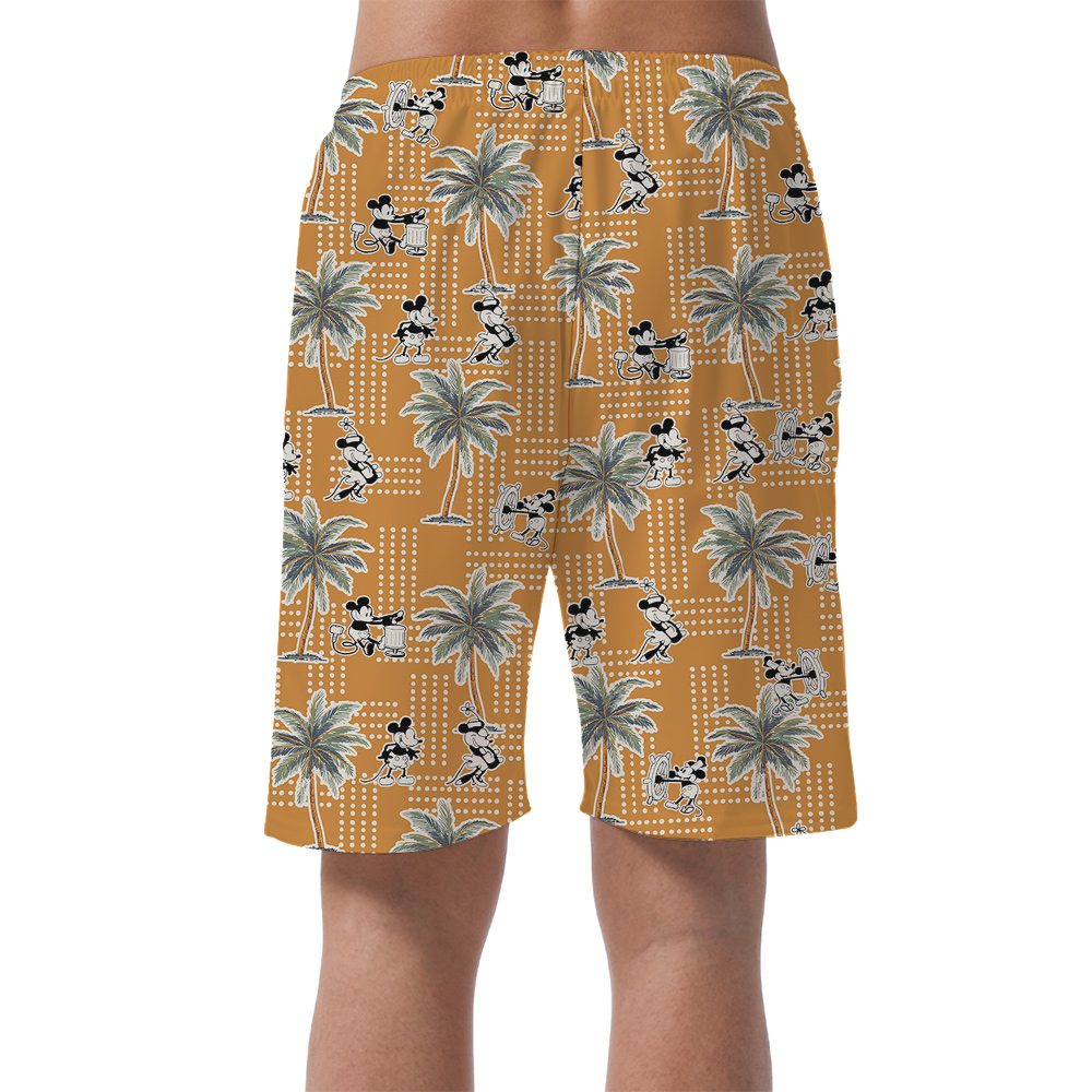 Cute Mickey Steamboat Willie Tropical Palm Trees Yellow Hawaiian Beach Shorts For Men