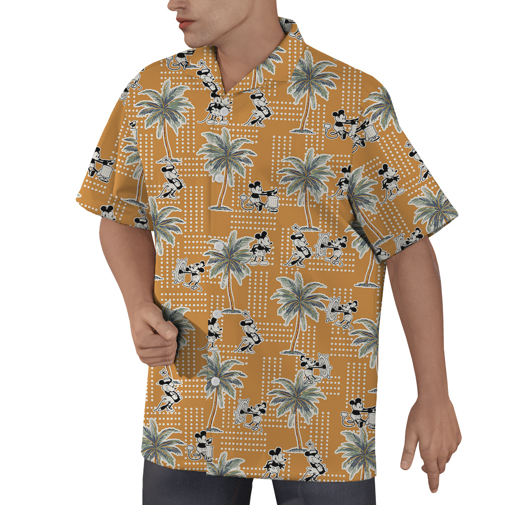 Steamboat Willie Mickey Palm Trees Yellow Vintage Hawaiian Shirt