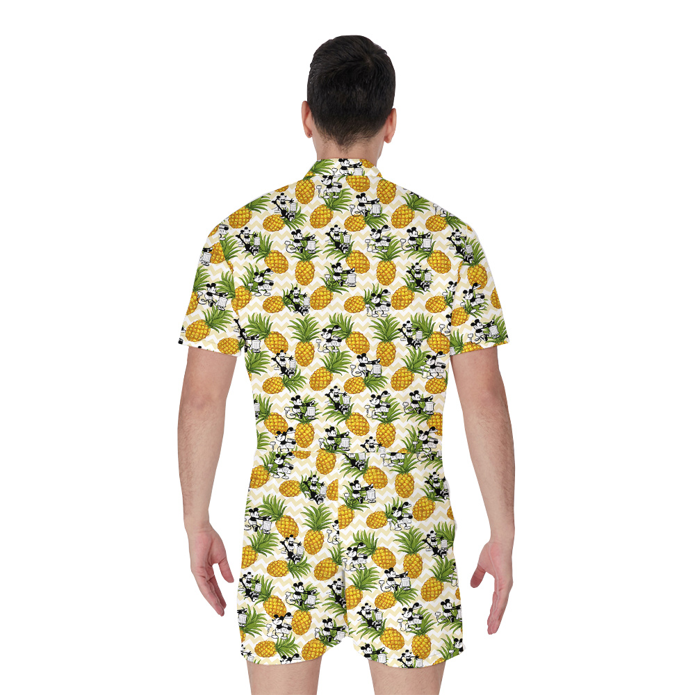 Funny Mickey Steamboat Willie Tropical Pineapple Yellow Hawaiian Romper For Men