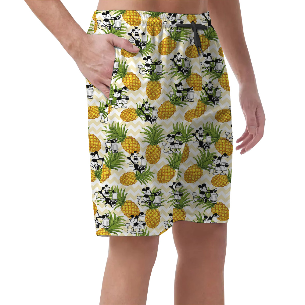 Tropical Pineapple Mickey Steamboat Willie 1928 Hawaiian Beach Shorts For Men