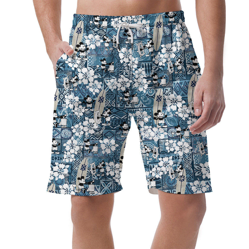 Mickey Steamboat Willie Vintage Hibiscus Blue Hawaiian Beach Shorts For Men - variant image 1