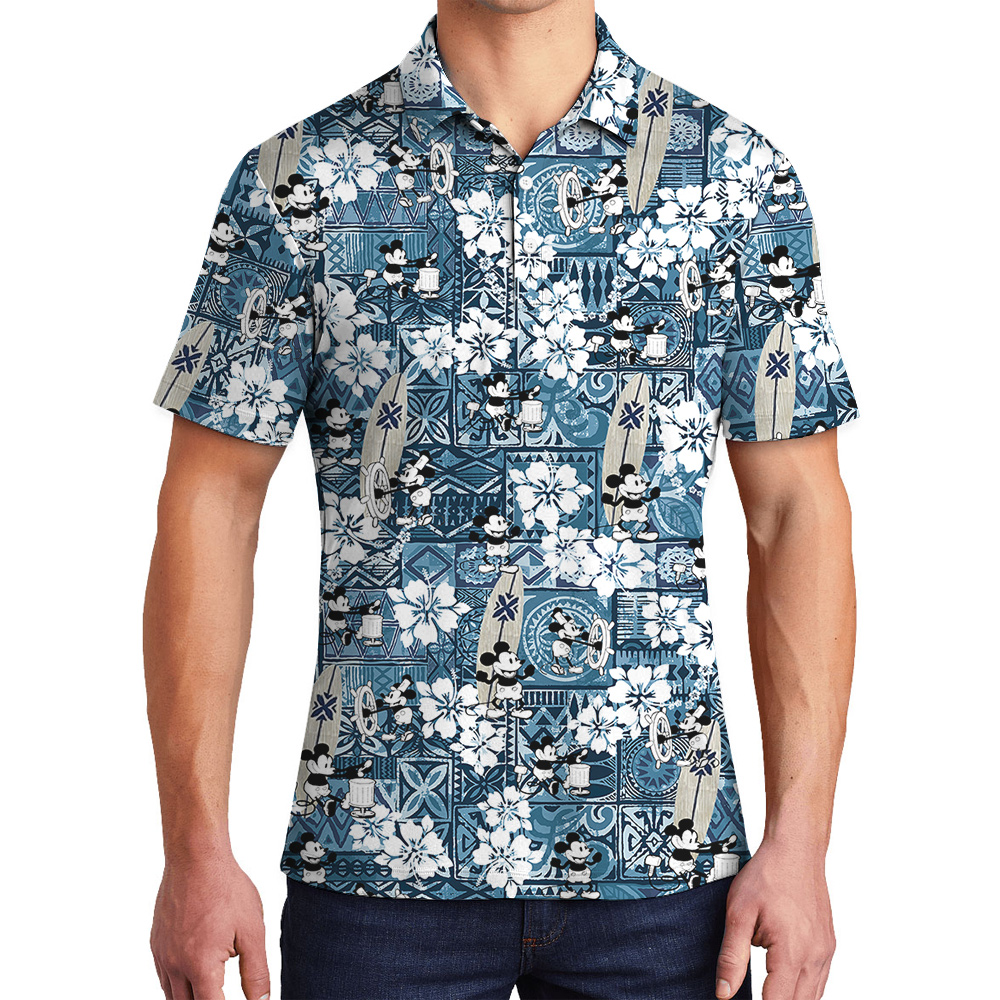 Mickey Steamboat Willie 1928 Vintage Patterns Blue Hawaiian Polo Shirt - variant image 1