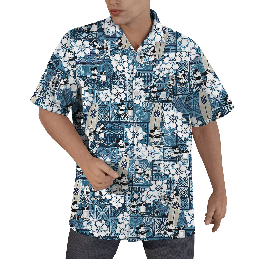 Vintage Mickey Steamboat Willie Hibiscus Blue Aloha Shirt - variant image 1